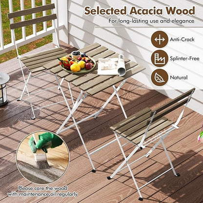 Giantex 3-Piece Acacia Wood Bistro Set, Patio Bistro Table with 2 Folding Chairs, Slatted Seat & Tabletop, Metal Frame, Outdoor Furniture Set for Backyard, Porch, Garden, Poolside (White + Gray)