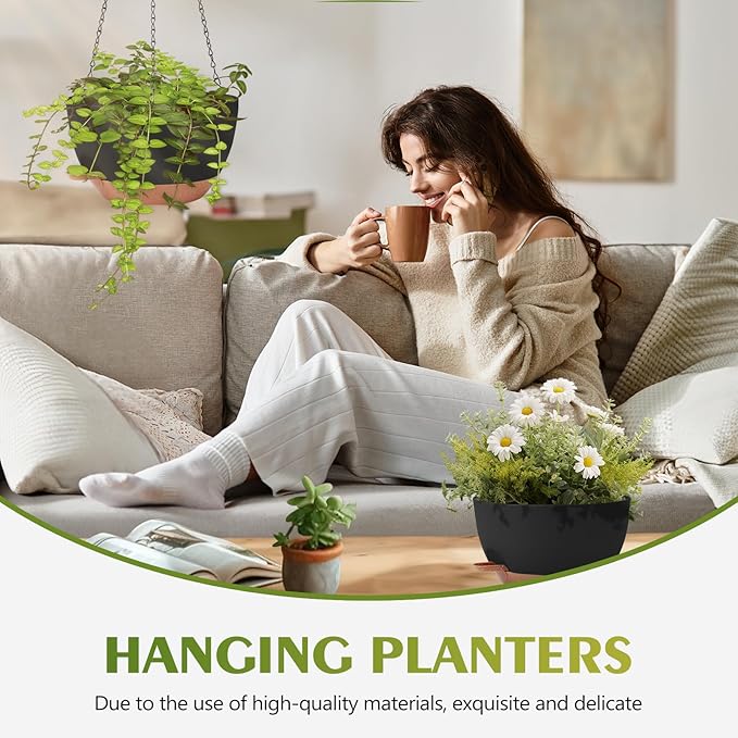 GARDIFE Hanging Planters for Indoor Outdoor Plants, 2 Pack Self Watering Hanging Pot with Drainage Holes & Removable Tray (Black, 10 inch)
