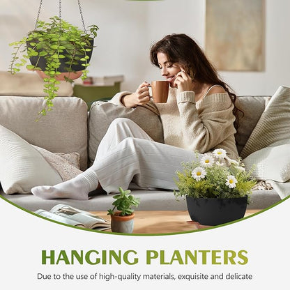 GARDIFE Hanging Planters for Indoor Outdoor Plants, 2 Pack Self Watering Hanging Pot with Drainage Holes & Removable Tray (Black, 10 inch)