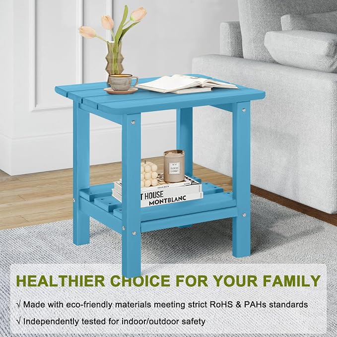 Adirondack Outdoor Side Table, 2-Tier Small Patio End Table, Weather Resistant HDPE Outdoor End Tables for Garden, Lawn, Pool, Beach, Porch, Deck, Backyard - Square, Turquoise