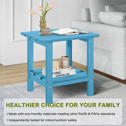 Set of 2 Outdoor Side Table, 2-Tier Small Patio End Table, Weather Resistant HDPE Adirondack Outdoor End Tables for Garden, Lawn, Pool, Beach, Porch, Deck, Backyard - Square, Turquoise