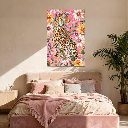 YETHEN WAL Pink Jungle Leopard Wall Art Floral Animal Canvas Prints Tropical Artwork for Bedroom Living Room Office Decor 32x48 Inch