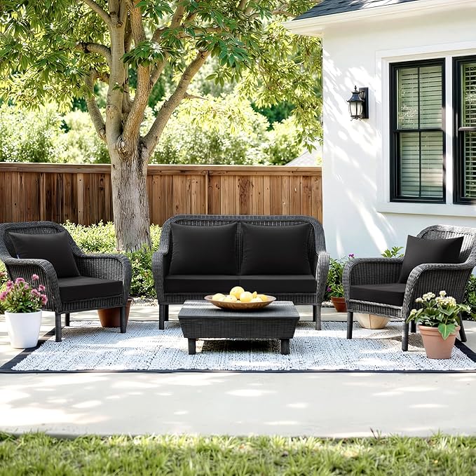 MIULEE Black Outdoor Chair Cushion 24x24 Inch for Patio Furniture Linen Textured Waterproof & 3 Year Color Fastness Seat and Back Couch Cushion with Ties No Slip Design