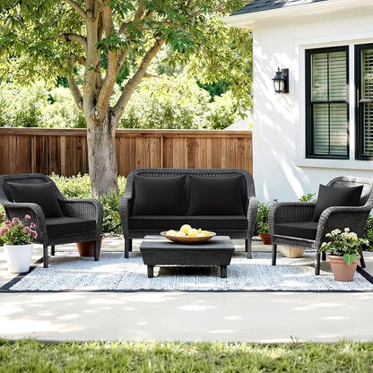 MIULEE Black Outdoor Chair Cushion 24x24 Inch for Patio Furniture Linen Textured Waterproof & 3 Year Color Fastness Seat and Back Couch Cushion with Ties No Slip Design