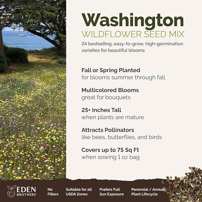 Eden Brothers Washington Wildflower Mixed Seeds for Planting, 1 oz, 30,000+ Seeds with Cosmos, Bluebell | Attracts Pollinators, Plant in Spring or Fall, Zones