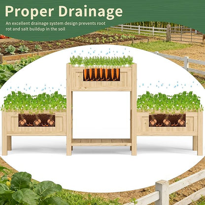 Extra Large Wooden Raised Garden Bed with Legs & Storage Shelf 3 Tier Outdoor Elevated Planter Box for Patios/Herbs/Flowers/Vegetables, Easy Assembly, Natural