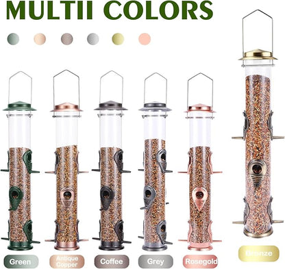 MIXXIDEA 1PK Metal Wild Bird Feeder,Squirrel Proof Bird Feeders for Outside,Hanging 6 Port Tube Bird Feeder Transparent Finch Bird Feeder for Attracting Birds in Your Lawn, Garden, Balcony-Bronze