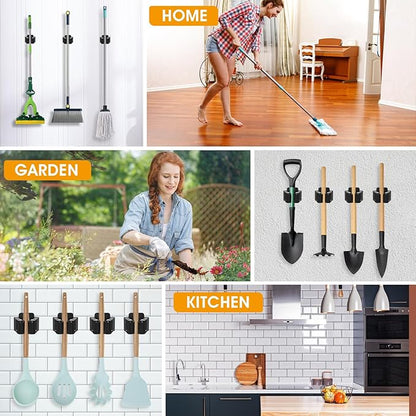 24 Pack Broom and Mop Holder Wall Mount, Hanging Clamp Clip Hanger Utility Rack, Heavy Duty Stainless Steel Adjustable Clamp Organizer with Screws for Garage, Home, Garden Tools, Black