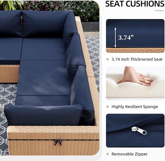 UPHA 9 Pieces Patio Furniture Sets Outdoor Sectional Sofa Wicker Conversation Couch for Decks, Backyards, Gardens, Yellow Rattan, Navyblue Cushion