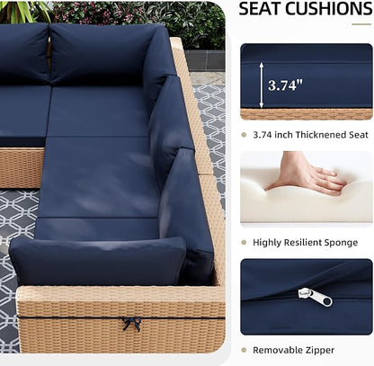 UPHA 7 Pieces Patio Furniture Sets Outdoor Sectional Sofa Wicker Conversation Couch for Decks, Backyards, Gardens, Yellow Rattan, Navyblue Cushion