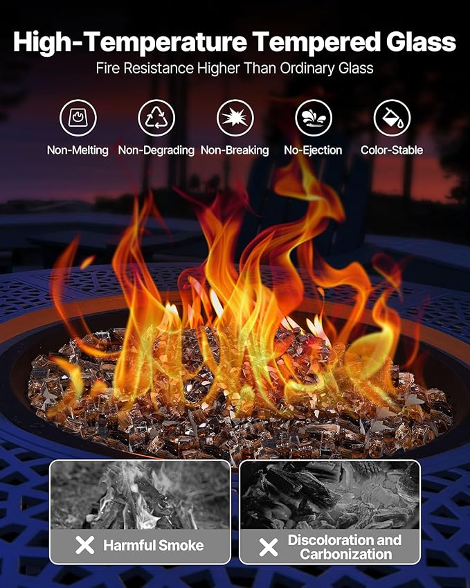 VEVOR Fire Glass, 20 LBS / 9.0 KG High-Temperature Resistant Fireplace Rocks, 1/2-Inch / 12.7 mm Reflective & Smokeless Firepit Glass Rock, High Luster Stone Landscaping for Fire Pit Table, Copper