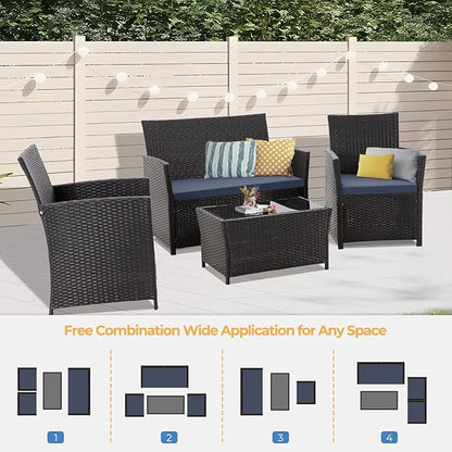 FHFO 4 Piece Outdoor Patio Furniture Sets, Outdoor Sectional Furniture Wicker Conversation Sofa Set for Outside Balcony Porch Backyard (Black-Blue)