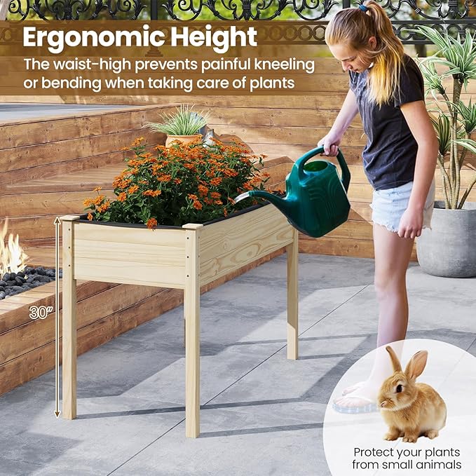 S AFSTAR Wooden Raised Garden Bed with Legs, Planter Box with Liner & Drainage Holes for Vegetable Flower Herb, Indoor Outdoor Elevated Gardening Box for Backyard Patio Balcony