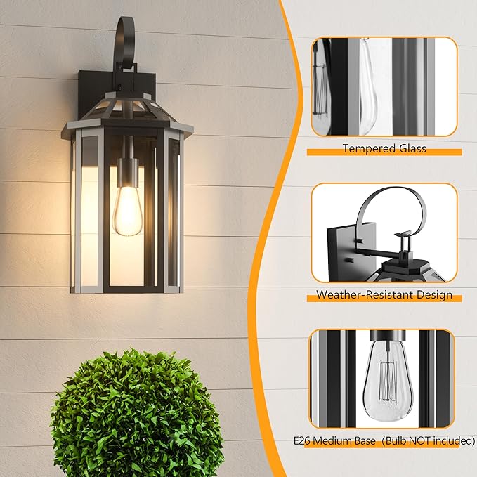 Outdoor Wall Lights, 20.24 Inch Large Waterproof Outside Wall Lantern Sconce, Clear Glass Exterior Lamp for House, Porch, Garage, 1-Light, (E26 Bulb Base, Black)