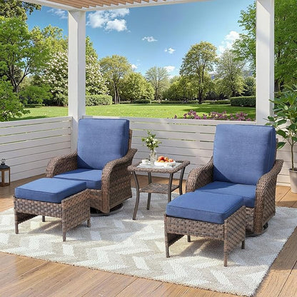 Patio Wicker Chairs Swivel Rocker Outdoor Rocking Chairs Set of 5 Rattan Furniture Set with Thick Cushion, Side Tables, Ottomans for Balcony Deck Backyard, Blue