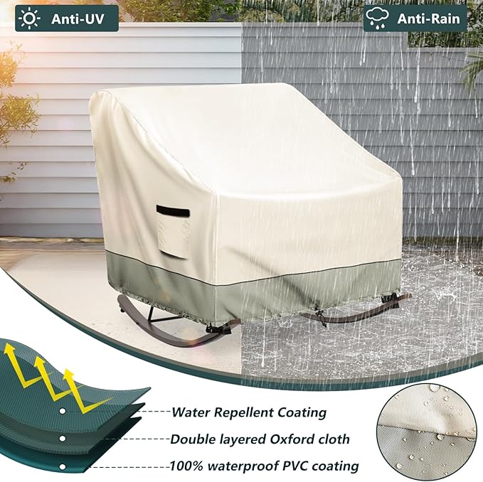 Outdoor Rocking Chair, Indoor Heavy Duty Waterproof Papasan Rocking Chair Cover with Split Zipper,Easy to use,White&Grayish Green