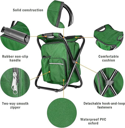 Kikerike Portable Stool Backpack Cooler Chair 300 LBS Max Load Folding Fishing Cooler Backpack Stool for Outdoors Hiking Beach Travel - Army Green