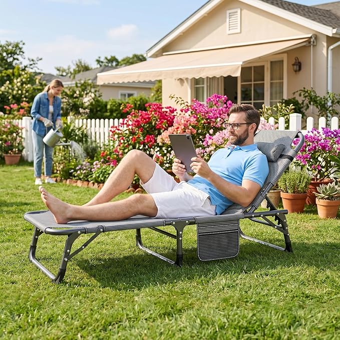 ABORON 3-in-1 Folding Patio Lounge Chair, 440LB Heavy-Duty Tri-Fold Guest Bed with Plush Cotton Cushion, No Assembly Adjustable Recliner for Office Nap, Patio Sunbathing, Poolside & Camping