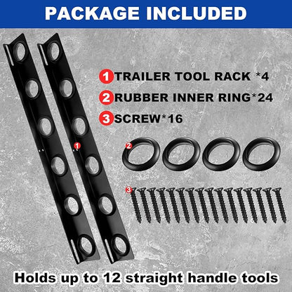 Dunzy 4 Sets 6-Tool Landscape Trailer Rack for Lawn Equipment 6 Hole Hand Tool Storage Rack Landscaping Shovel Holder for Truck with Rubber Grommets and Mounting Hardware Accessories, Black