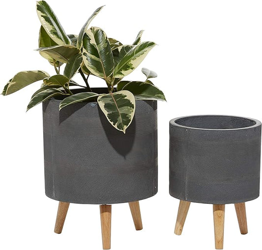 Deco 79 Magnesium Oxide Indoor Outdoor Planter Large Planter Pot with Wood Legs, Set of 2 Planters 13", 16"H, Gray