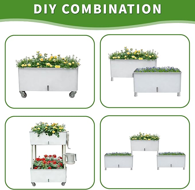 MNKXL Self-Watering Raised Planter Box with Lockable Wheels,2-Tier Elevated Garden Bed with Visible Water Level Window,Indoor Outdoor Plastic Plant Box for Flowers,Vegetables & Herbs