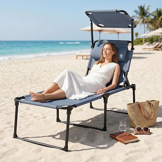 Outsunny Outdoor Lounge Chair, Adjustable Backrest Folding Chaise Lounge, Cushioned Tanning Chair with Sunshade Roof & Pillow Headrest for Beach, Camping, Hiking, Gray