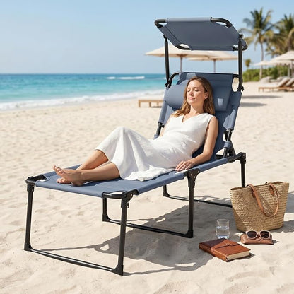 Outsunny Outdoor Lounge Chair, Adjustable Backrest Folding Chaise Lounge, Cushioned Tanning Chair with Sunshade Roof & Pillow Headrest for Beach, Camping, Hiking, Gray