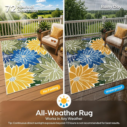 ZonLi Colorful Outdoor Rug 8x10Ft Waterproof Multicolored Indoor Area Rug Washable Outdoor Patio Rugs Tropical Floral Non Slip Outdoor Carpet for Living Room, Pool,Backyard,Deck,Camping