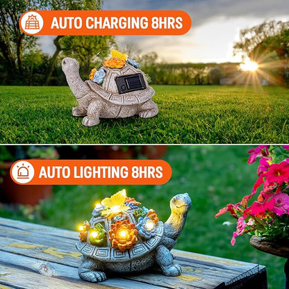 Solar Garden Outdoor Statues with Succulent and 7 LED Lights - Lawn Decor Tortoise Statue for Patio, Balcony, Yard Ornament - Unique Housewarming Gifts (Gray Turtle)