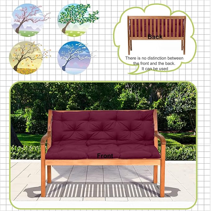 Swing Replacement Cushions with Backrest, 2 or 3 Seater Waterproof Non-Slip Overstuffed Swing Pad, Indoor/Outdoor Bench Cushion for Porch Chair Swing Garden Furniture(Claret 40 * 40 in)