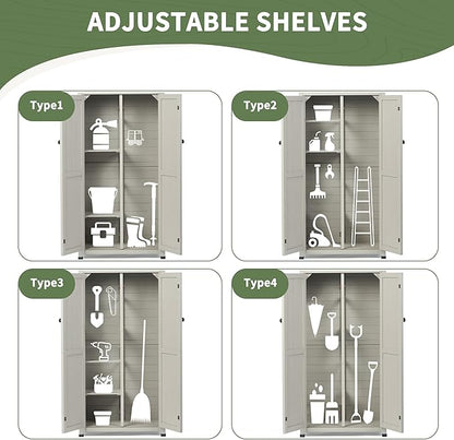 Outdoor Storage Shed with Floor & Adjustable Shelves, Wooden Garden Tool Cabinet Weatherproof, 71" Vertical Patio Organizer