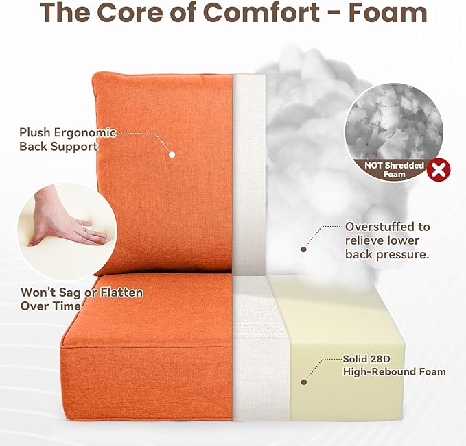 Outdoor Chair Cushions, 6 Inch Thick Patio Seat & Back Cushions Set with Removable Cover, Waterproof Patio Cushions for Outdoor Furniture, 24 x 24 Inch, Orange 5-Set