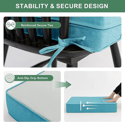 Summsun Faux Linen Outdoor Chair Cushions, Water Resistant Backrest and Deep Seat Cushion Set with Removable Cover, Straps, Non-Slip Bottom for Patio Furniture, 22 x 22 Inch, Teal, Set of 4