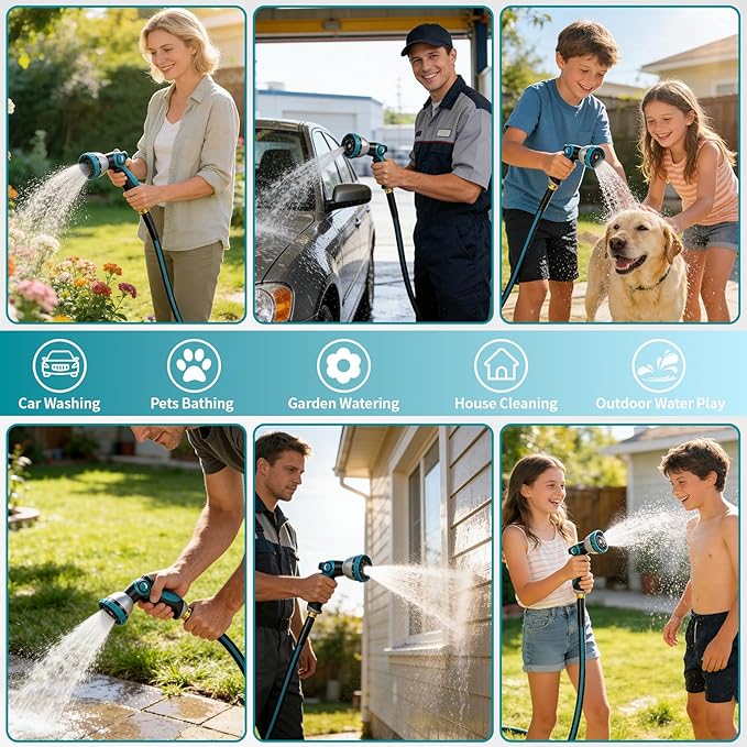 50FT Garden Hose, Kink-Free Non-Expandable Flexible Water Hose with 10-Pattern Spray Nozzle, Lightweight Leakproof Flat Hose with 3/4” Solid Brass Connector for Yard, Lawn & Outdoor Use