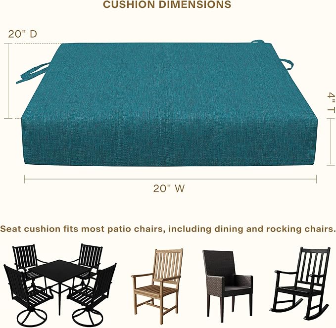 Honeycomb Outdoor Set of 2 Seat Pads, 20 x 20, Textured Solid Teal Dining Chair Cushions for Patio Furniture