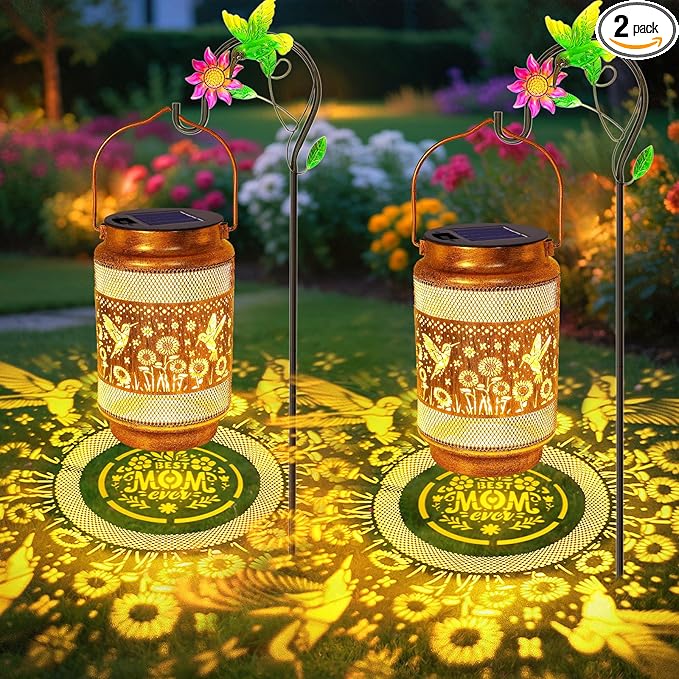 Gifts for Mothers Day Mom, Mom Gift Solar Lanterns Outdoor, Birthday Gift from Daughter Son, Metal Solar Hanging Hummingbird Lights with Shepherd Hook for Outside Garden Yard Patio Pathway (2 Pack)