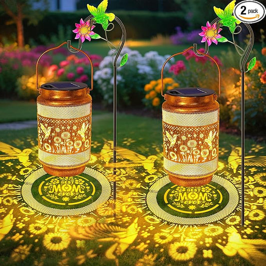 Gifts for Mothers Day Mom, Mom Gift Solar Lanterns Outdoor, Birthday Gift from Daughter Son, Metal Solar Hanging Hummingbird Lights with Shepherd Hook for Outside Garden Yard Patio Pathway (2 Pack)