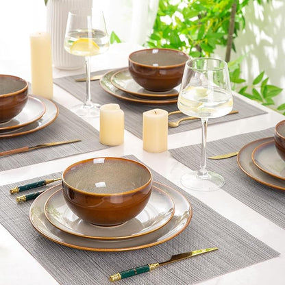 LERATIO Ceramic Dinnerware Sets for 8,Stoneware Plates and Bowls Sets,Handmade Reactive Glaze Dishes Set,Chip Resistant and Scratch Resistant | Oven&Dishwasher & Microwave Safe-Kahki (24PCS)