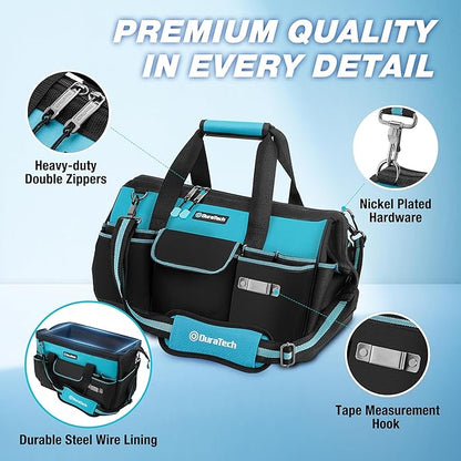 DURATECH 18-Inch Large Tool Bag with Waterproof Hard Bottom, Tool Bags for Men Heavy Duty with 19 Pockets, Wide Open Mouth Toolbag for Electricians Mechanic Plumber HVAC