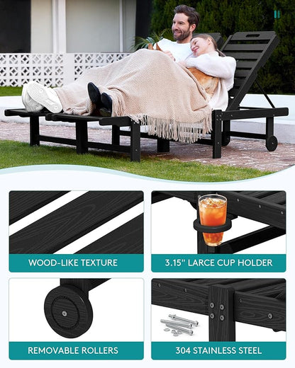 SERWALL Patio Chaise Lounge, HDPE Outdoor Lounge Chair with Cup Holder, 5 Positions Adjustable Poly Lounge Chair with Rolling Wheels for Poolside, Deck, Sunbathing, Black