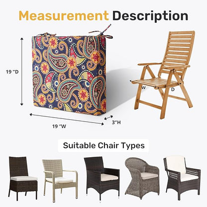 UNIKOME Outdoor Chair Cushions Pack of 4, Water Resistant Patio Cushions with Ties, High Density Sponge Filling Square Corner Seat Cushions for Outdoor Furniture, 19"*19"*3", Palmira Paisley