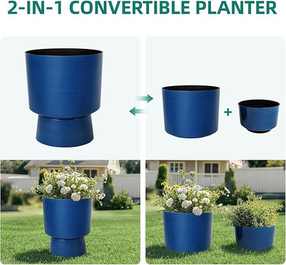 16.8" 2-Pack Urn Planters for Outdoor Indoor Plants, Modern 2-in-1 Large Flower Pots with Detachable Base, Drainage Holes, Weather-Resistant for Garden Patio Home Office Decor, Brushed Blue