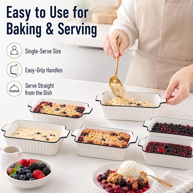 6 Pcs Ceramic Baking Dish, 12 Oz Small Casserole Dish with Handle, Porcelain Bakeware Sets, 5 inch Rectangular Lasagna Pans, Baking Serving Dishes for Casserole, Cakes, Dishwasher Oven Safe