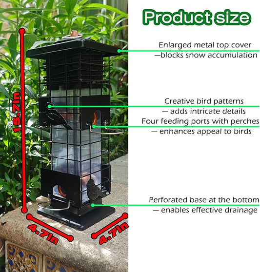 Squirrel Proof Bird Feeders Outdoor Hanging Metal Feeder, 4 Ports for Wild Birds | Weather-Resistant, 2.5 LB Capacity, Ideal for Family Yards & Gardens