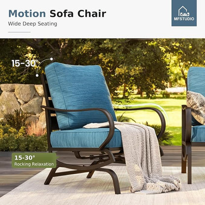 MFSTUDIO 5 Pieces Patio Conversation Sets,Outdoor Metal Furniture Sofas with 1 x 3-Seat Sofa, 2 x Rocking Chairs,2 x Ottoman,Wrought Iron Frame with Peacock Blue Cushion for Patio Courtyard Balcony