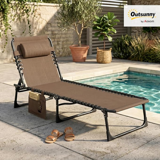 Outsunny Folding Chaise Lounge Chair Outdoor, Sun Tanning Chair with Side Pocket, Carrying Strap, Portable Patio Beach Lounger with 5-Position Reclining Back, Headrest for Pool, Camping, Yard, Brown