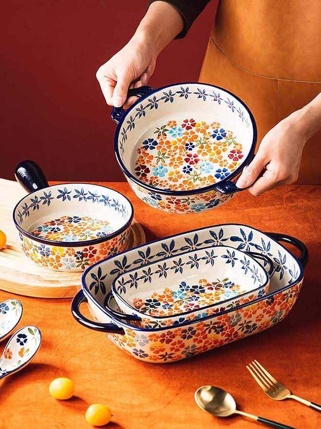 Colorful Cherry Blossom Flowers Vintage Style Ceramic Bakeware Dish Casserole Dish Baking Pan Lasagna Pans with Handles for Oven/Cooking/Kitchen, 1 PCS, 20 oz