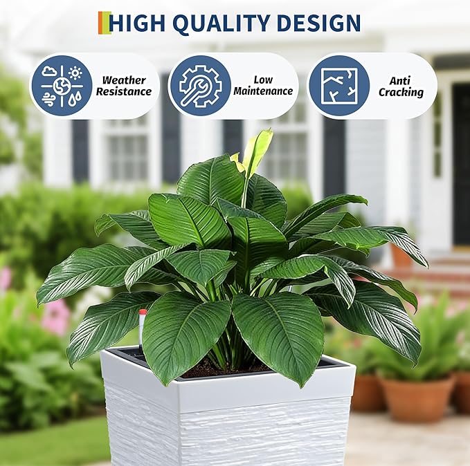 Garvee 16" Tall Planters Set of 2, Self Watering Tall Planters, Outdoor＆Indoor Planter Pots, High Front Porch Planters Pots with Drainage Holes＆Water Level Monitor, White