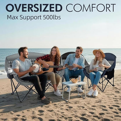 Oversized Camping Chairs for Adults - Heavy Duty Padded Outdoor Folding Lawn XL Camp Chair with Cup Holder Cooler Pockets for Sports Beach Fishing Garden Portable Supports 500lbs, Blue/Grey