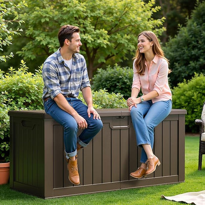 Flamaker 250 Gallon Resin Deck Box, Waterproof Imitation-Wood Lockable Storage Box with Separator Plate for Outdoor Indoor, Garden, Patio Furniture for Tools & Pool Accessories (Deep Brown)